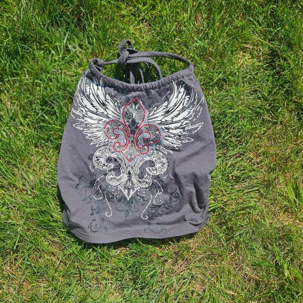 Grey & Red Grunge‎ Halter Top – Y2K Rhinestone Detail Punk Rock Aesthetic